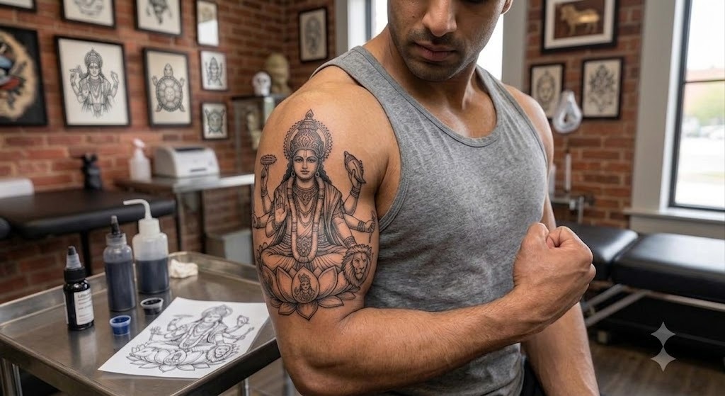 Vishnu tattoo in black and grey on forearm, Vulture Tattoos Gurgaon